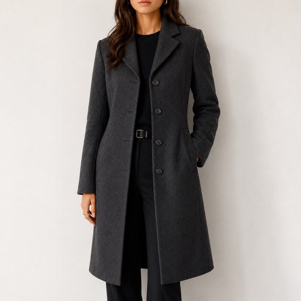 90s Minimalist Charcoal Wool Tailored Walking Coat Benetton Italy 42 6-8